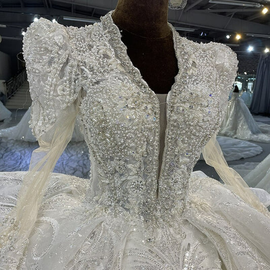 Classic Organza Ball Gown V-Neck Wedding Dress  Pearls Sequined Vestido De Novias