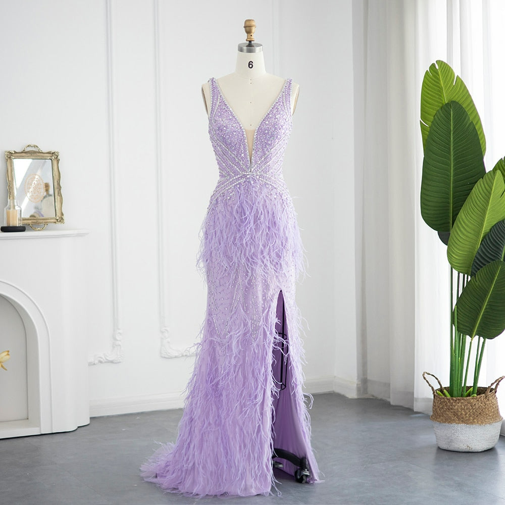 Luxury Feathers Mermaid Lilac Evening Dress Champgane Beaded Blue Prom Dresses for Women Wedding Party SS0277