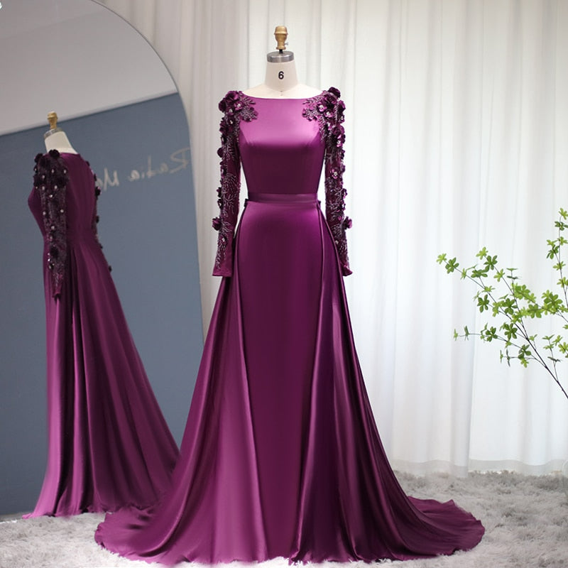 Champagne Muslim Evening Dress with Detachable Overskirt Luxury Dubai Women Fuchsia Wedding Formal Party Gowns SS502