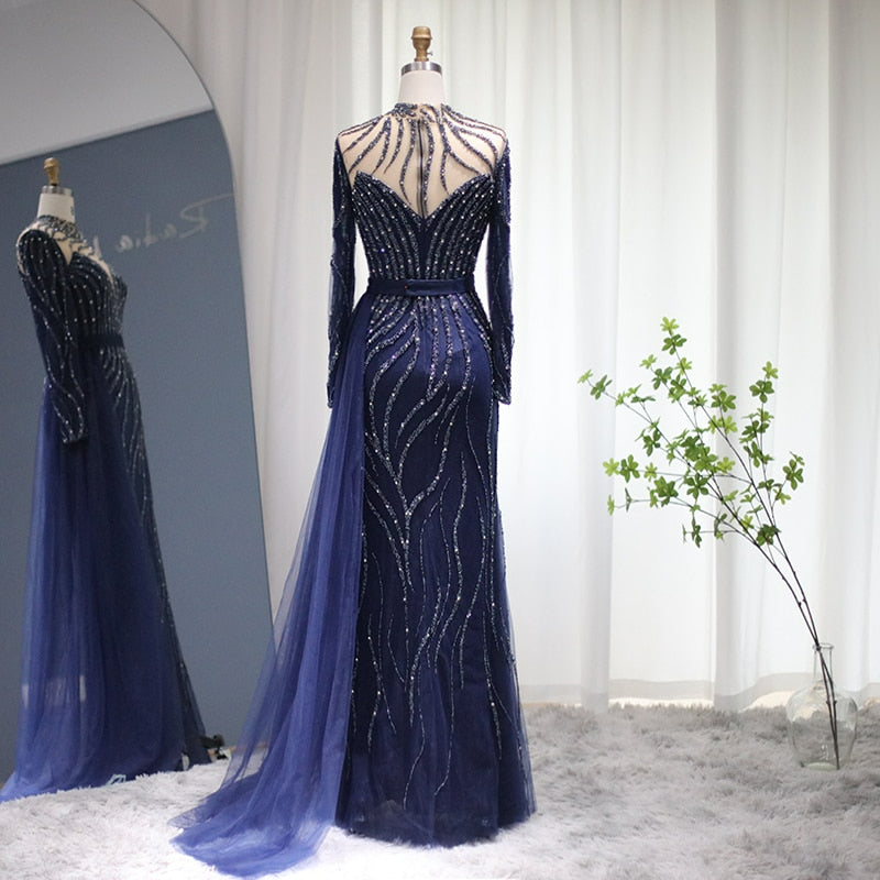 Luxury Navy Blue Mermaid Dubai Evening Dress with Detachable Skirt Long Sleeve Arabic Formal Gowns for Women Wedding Party SS526