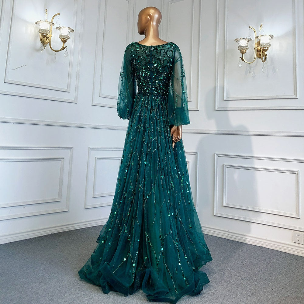 Green A-Line Luxury Evening Dreses Gowns O-Neck Puff Sleeves Beaded Sexy Formal Woman Party LA71049A