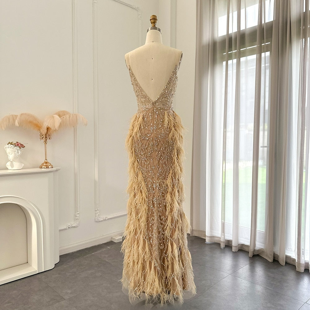 Luxury Feathers Mermaid Champagne Evening Dress Wedding Spaghetti Straps Prom Formal Gowns SS374