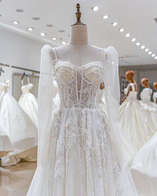 Elegant Wedding Dress Lace A-Line Boho Long Sleeves Wedding Dress Bridal Gown Long Sleeves Wedding Dress Backless