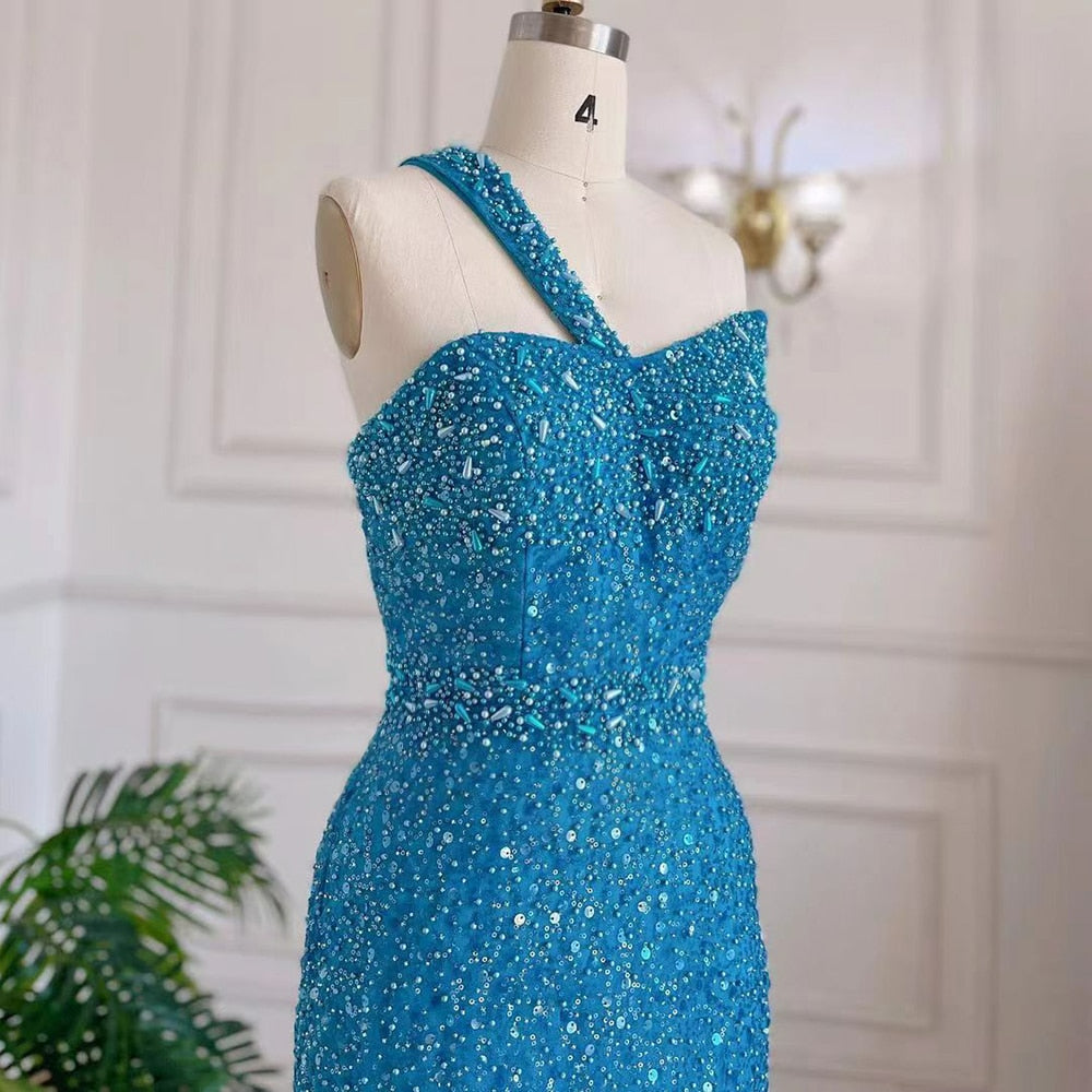 Blue Sexy One Shoulder Mermaid Elegant Evening Dresses Gowns Luxury Beaded Party LA71713