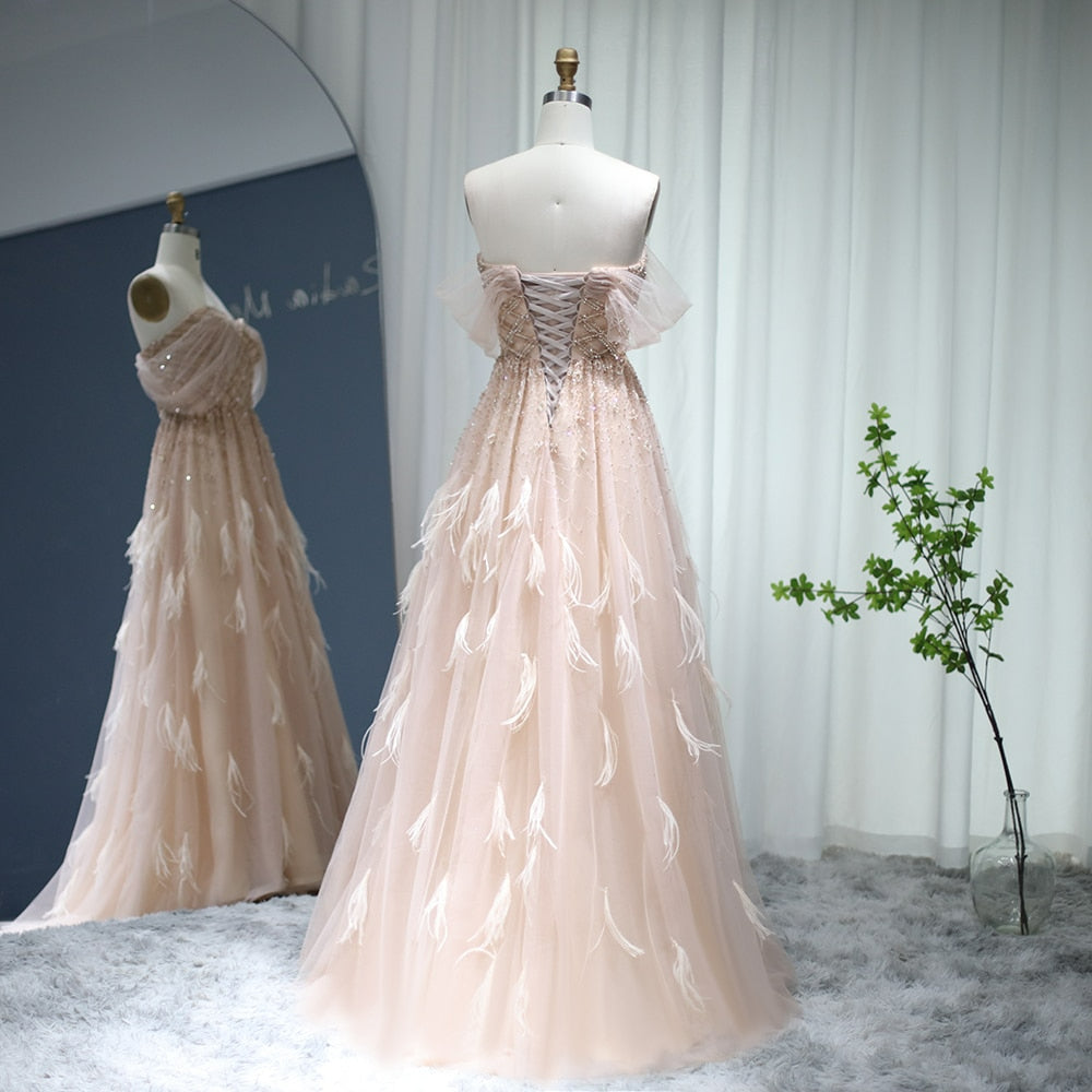 Luxury Feather Pink Dubai Evening Dresses Elegant Off Shoulder Beaded Champagne Formal Dress for Women Wedding SS278