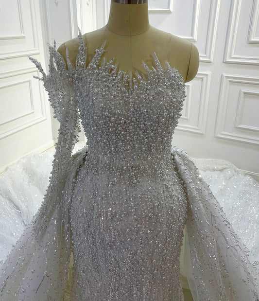 AM1115 One Shoulder Lace 2 in 1 detachable train mermaid bridal gown Luxury Wedding Dress