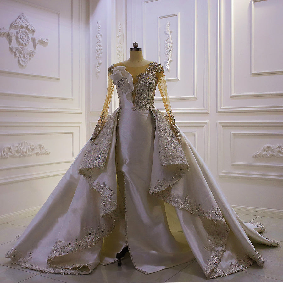 AM1125 Long Sleeve 2 in 1 detachable train Glitter crystal applique Luxury Wedding Dress