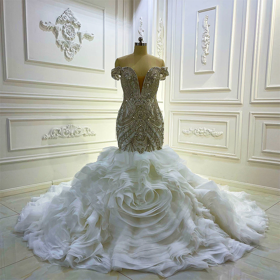 AM1138 Off Shoulder Swarovski Crystal Ruffle Mermaid Luxury Wedding Dress