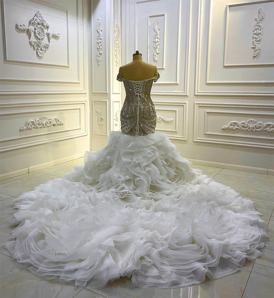 AM1138 Off Shoulder Swarovski Crystal Ruffle Mermaid Luxury Wedding Dress