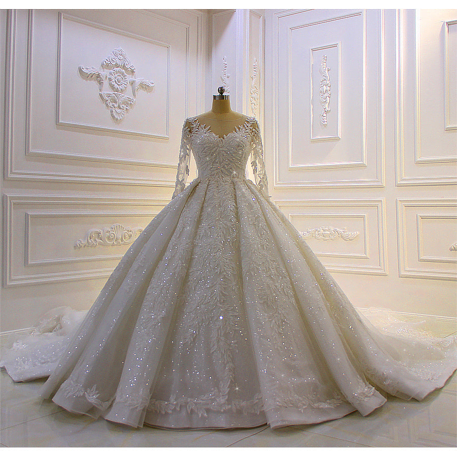 AM115 Long Sleeve Lace Applique Patterns Stunning Luxury Wedding Dress