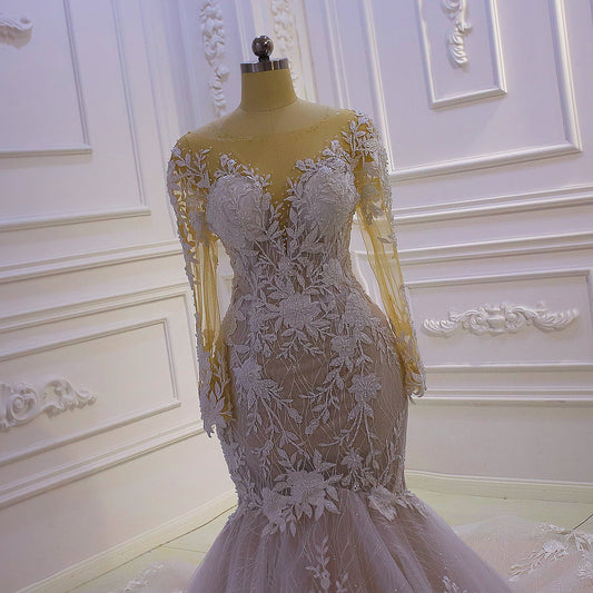 AM1195 Sheer Flowers Mermaid luxury Wedding Dress