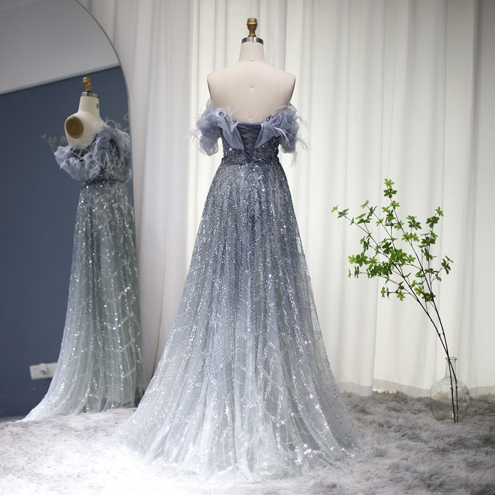 Luxury Feathers Green Dubai Evening Dress Elegant Off Shoulder Long Formal Dress for Women Wedding Party S303