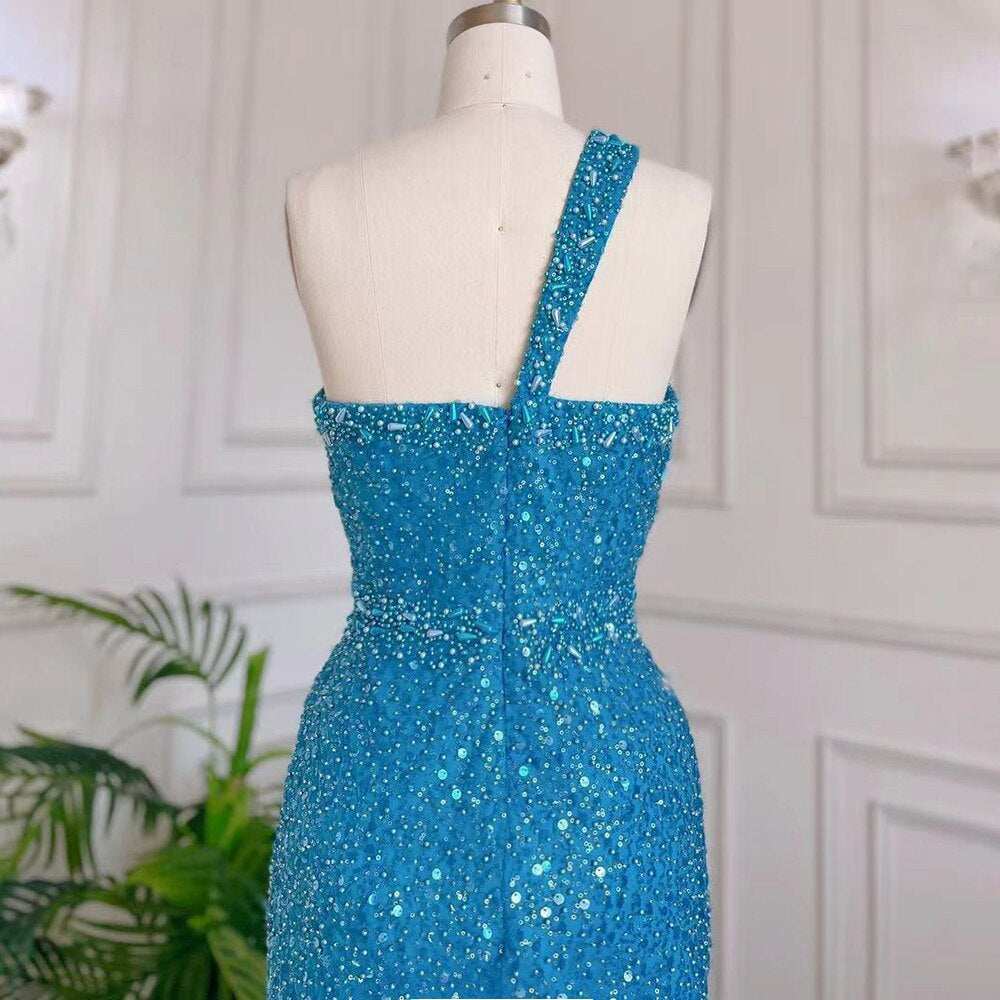 Blue Sexy One Shoulder Mermaid Elegant Evening Dresses Gowns Luxury Beaded Party LA71713