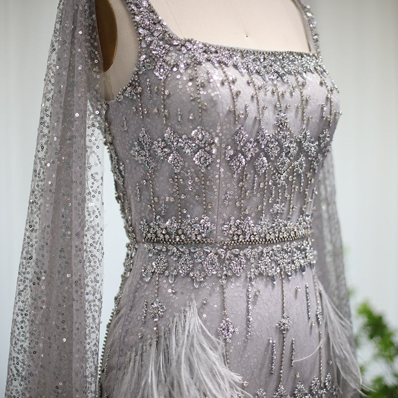 Bling Gray Mermaid Arabic Evening Dress with Cape Luxury Feather Dubai Formal Dresses for Women Wedding Party SS279