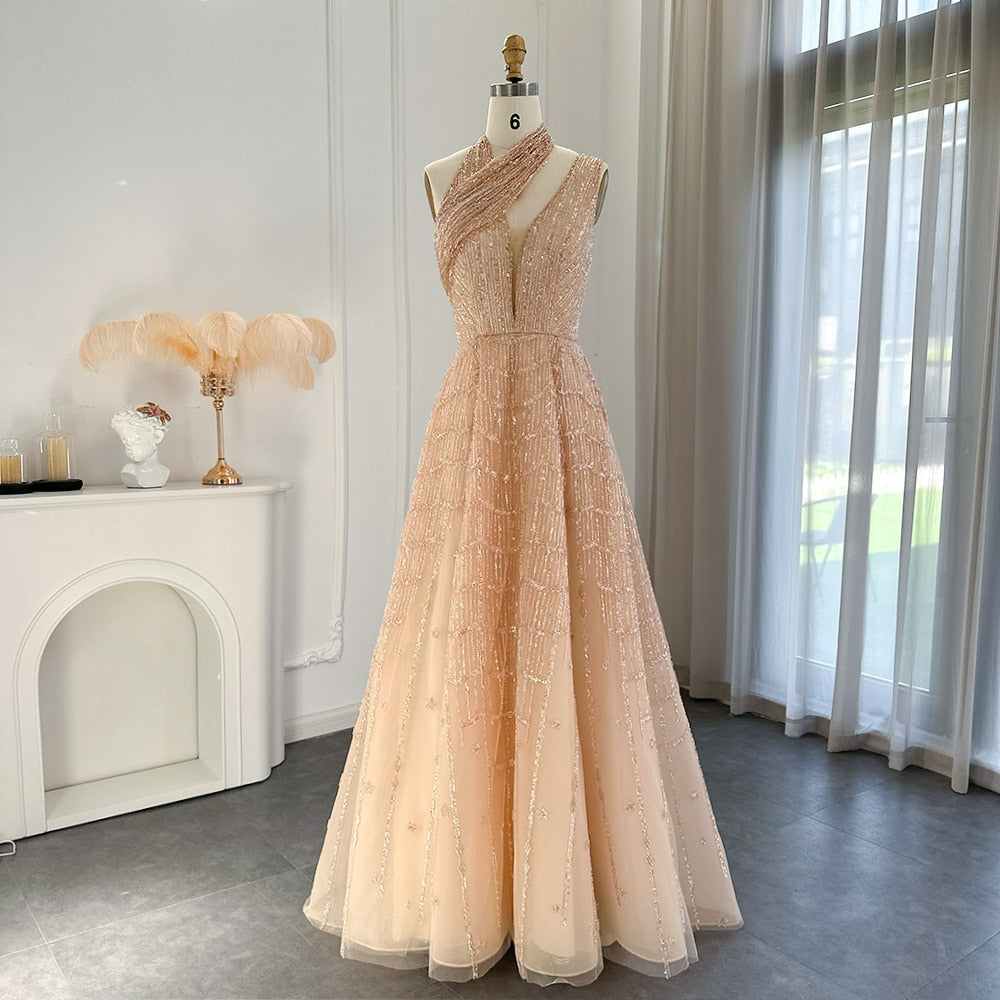Luxury Beaded Dubai Lilac Evening Dresses for Women Wedding Party Elegant Long Arabic Prom Formal Gowns SS329