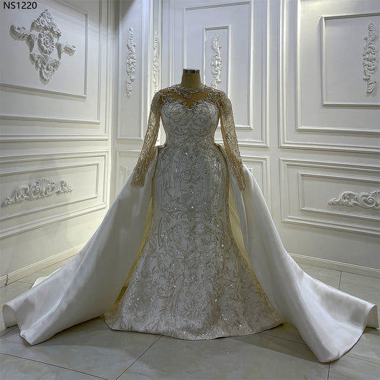 AM1220 Long Sleeve Silver Beaded Mermaid Big Size Wedding Dress with detachable train