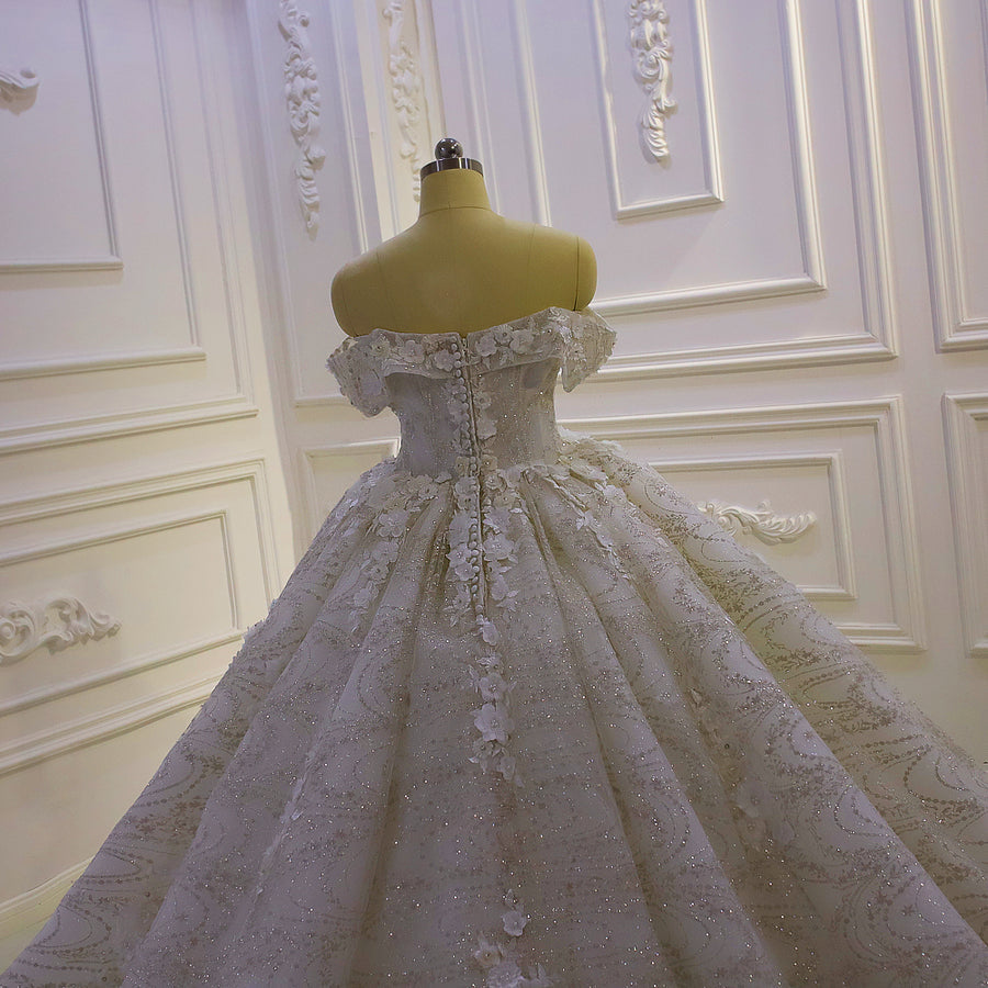 AM1239 Off Shoulder Lace 3D Flowers luxury ball gown Wedding Dress