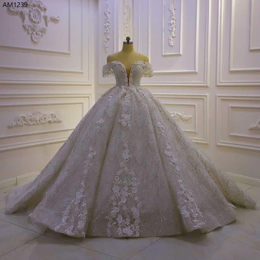 AM1239 Off Shoulder Lace 3D Flowers luxury ball gown Wedding Dress