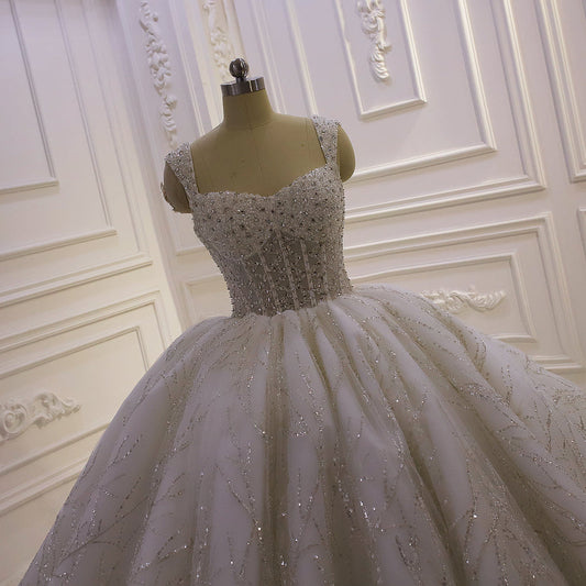 AM1255 spaghetti strap ball gown sweet heart neckline royal train luxury wedding dress