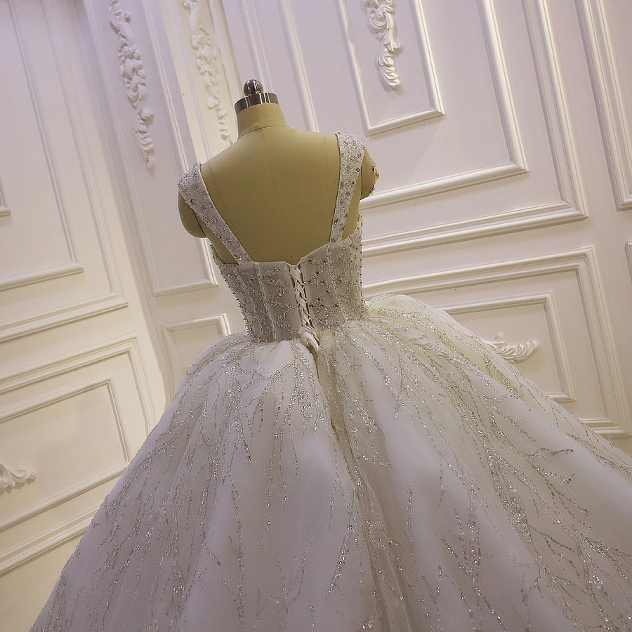 AM1255 spaghetti strap ball gown sweet heart neckline royal train luxury wedding dress