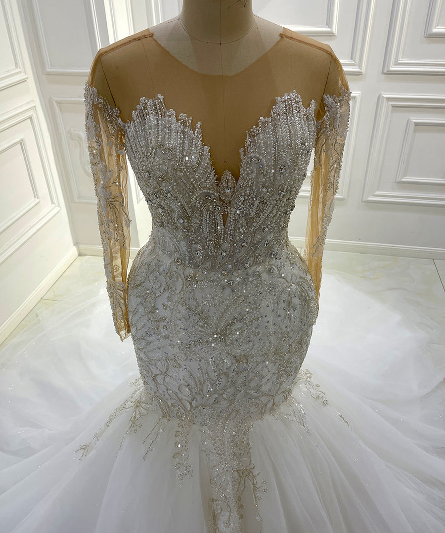 AM1258 Long Sleeve Lace Mermaid Crystal luxury Wedding Dress