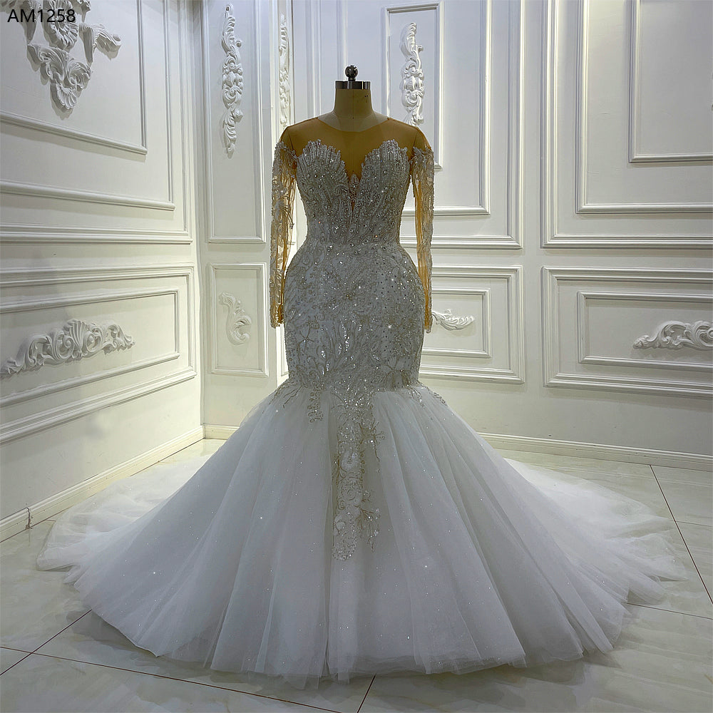 AM1258 Long Sleeve Lace Mermaid Crystal luxury Wedding Dress
