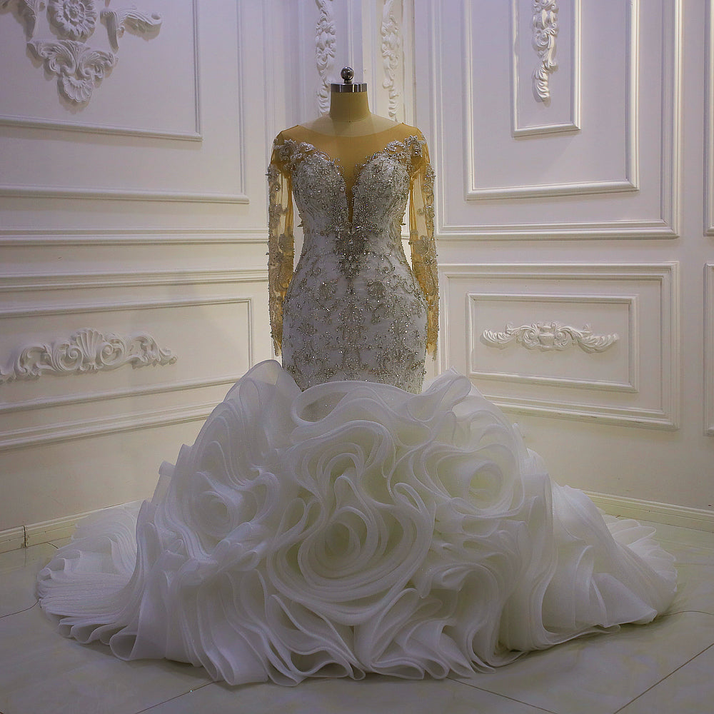AM1261 Long Sleeve Crystal Ruffle Mermaid Luxury trumpet Wedding Dress