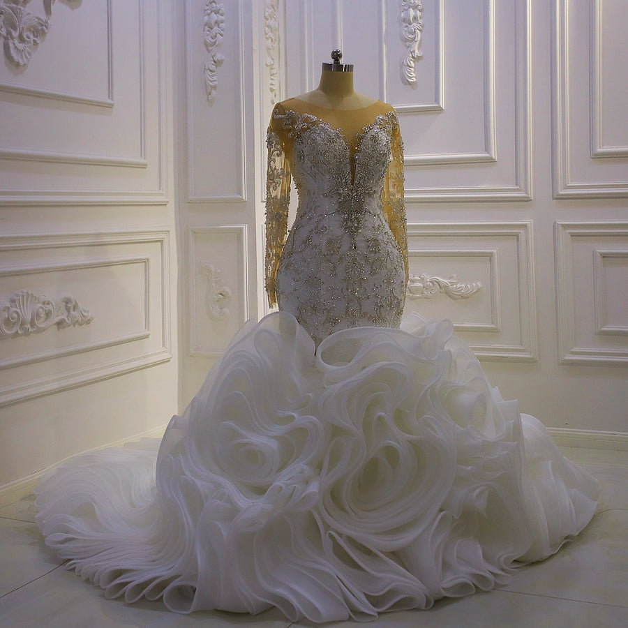 AM1261 Long Sleeve Crystal Ruffle Mermaid Luxury trumpet Wedding Dress