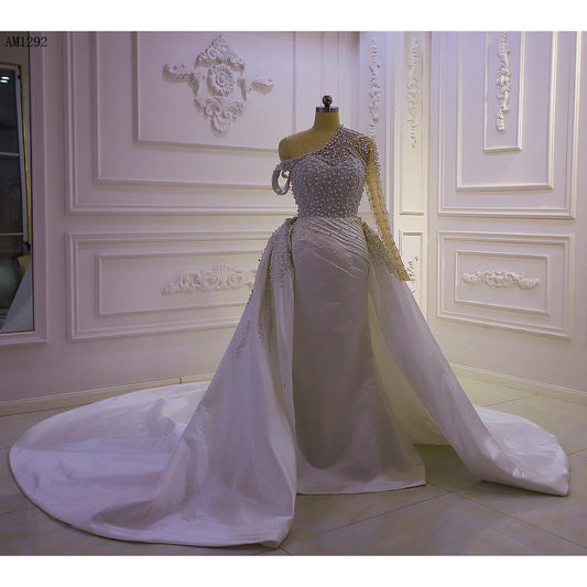 AM1292 One Shoulder Full Beading Luxury Stain 2 In 1 Mermaid Wedding Dress