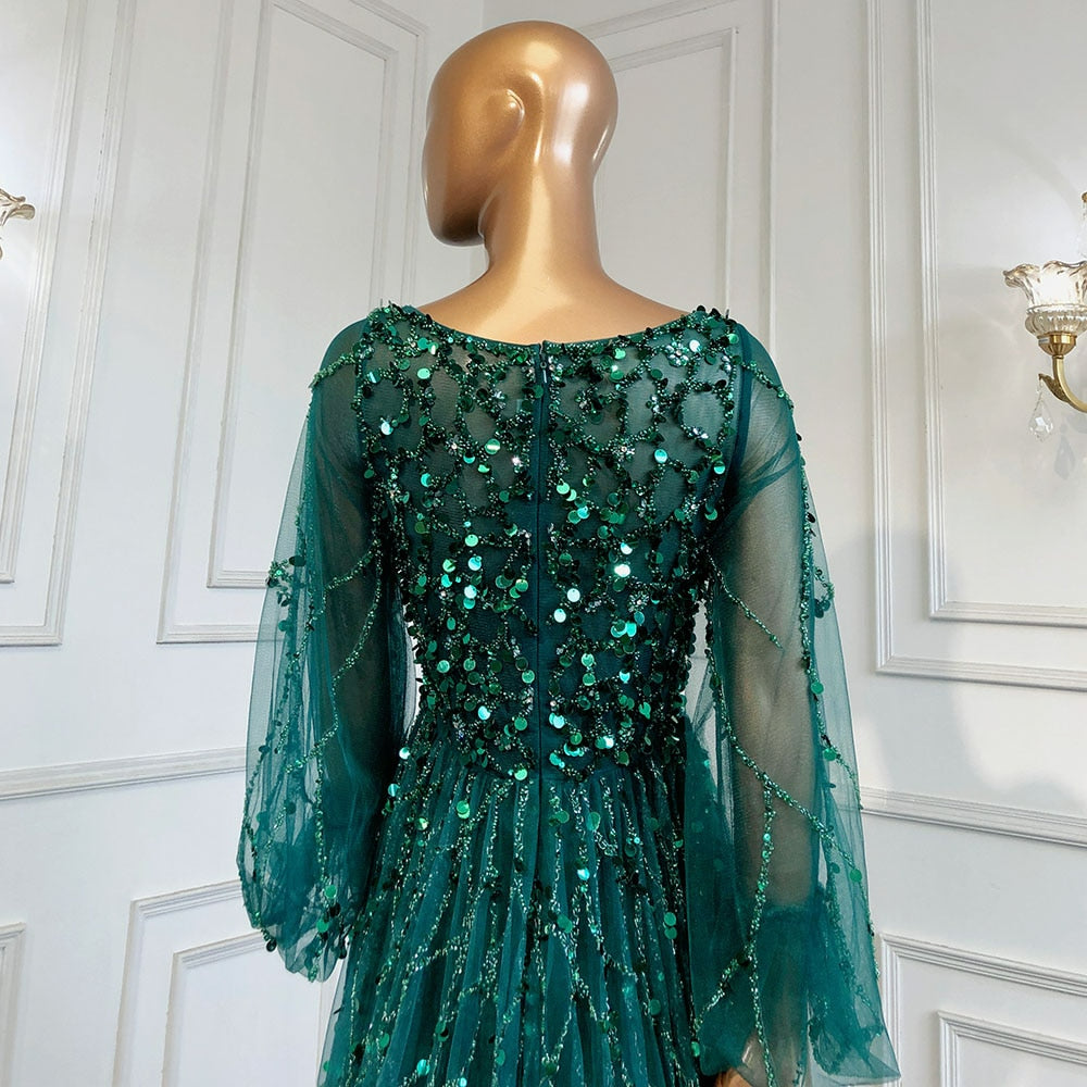 Green A-Line Luxury Evening Dreses Gowns O-Neck Puff Sleeves Beaded Sexy Formal Woman Party LA71049A