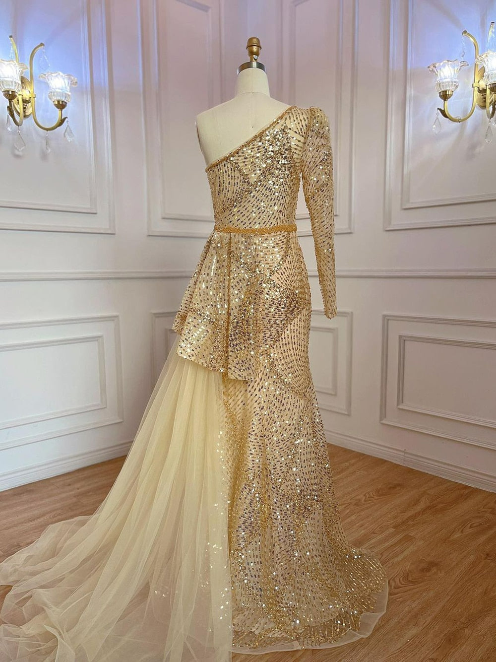 Gold Elegant Mermaid Sexy One Shoulder High Split Beaded Luxury Evening Dresses Gowns For Women Party LA71890