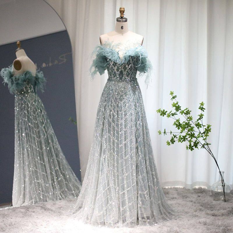 Luxury Feathers Green Dubai Evening Dresses Elegant Off Shoulder Long Formal Dress for Women Wedding Party S303