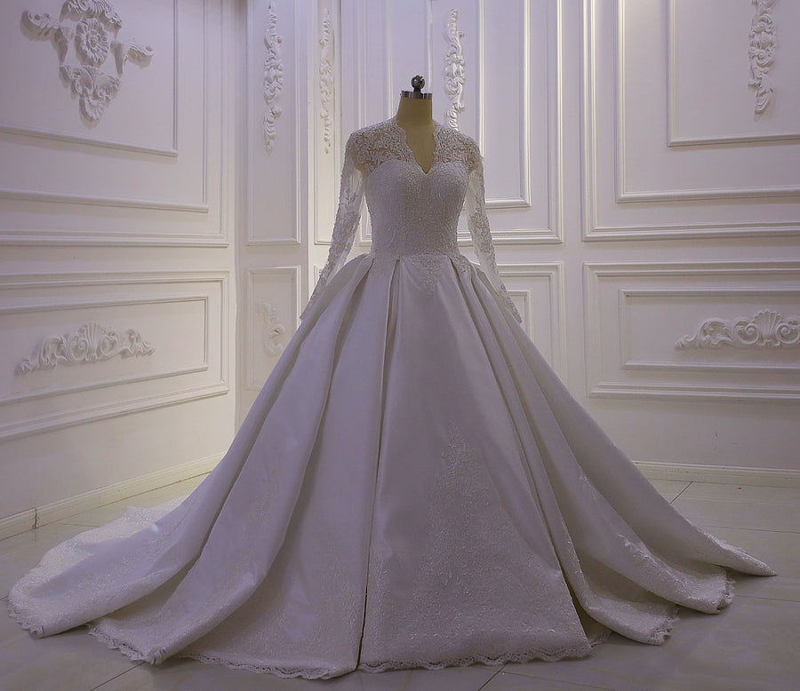 AM1345 V-neck Long Sleeve Satin Wedding Dress