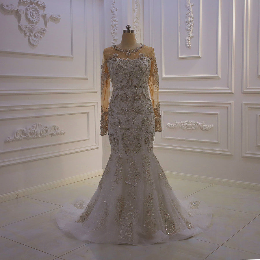 AM1347 Luxury Long Sleeve Sequin 2 In 1 detachable skirt Luxury long sleeve Wedding Dress
