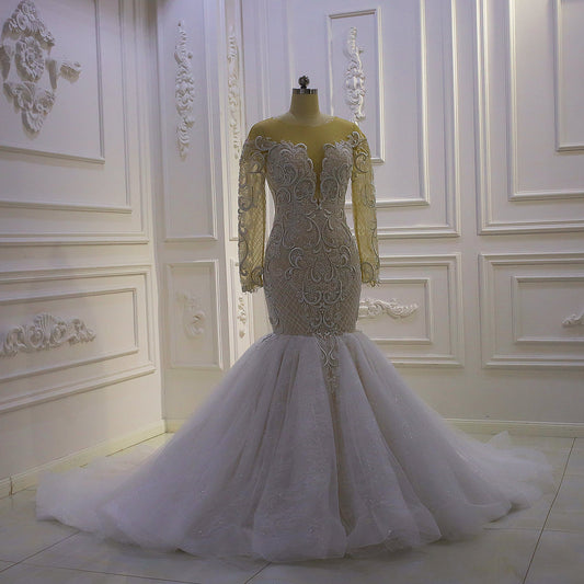 AM1350 Simple V-neck Long Sleeve Mermaid luxury Wedding Dress