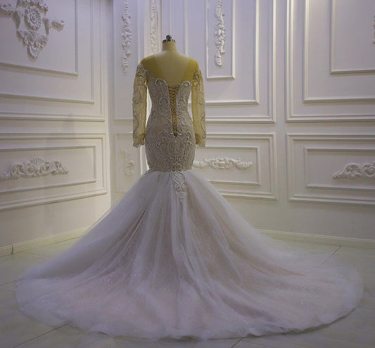 AM1350 Simple V-neck Long Sleeve Mermaid luxury Wedding Dress