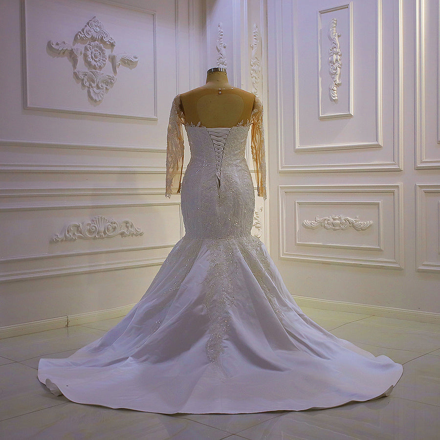 AM1354 Simple Stain Long sleeve Full Beading Mermaid Luxury Wedding Dress