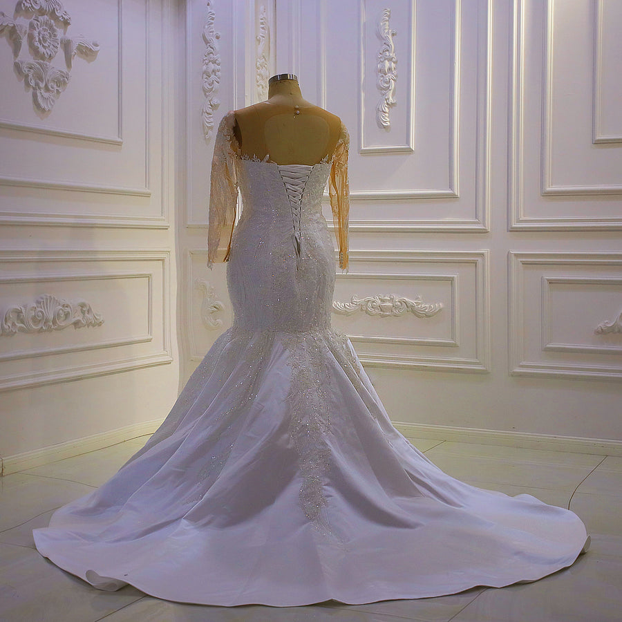 AM1354 Simple Stain Long sleeve Full Beading Mermaid Luxury Wedding Dress