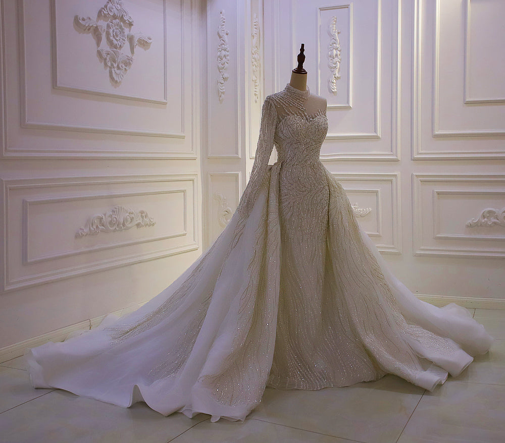 AM1356 Luxury One Shoulder High Neck 2 In 1 Mermaid Shiny Luxury Wedding Dress