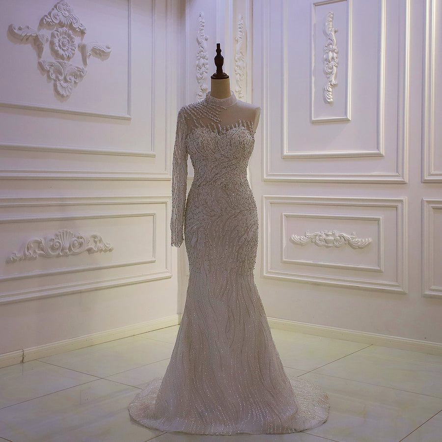 AM1356 Luxury One Shoulder High Neck 2 In 1 Mermaid Shiny Luxury Wedding Dress