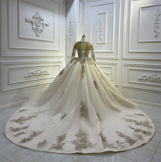 AM1359 Champagne V-neck Long Sleeve Full Beading Ball Gown Wedding Dress