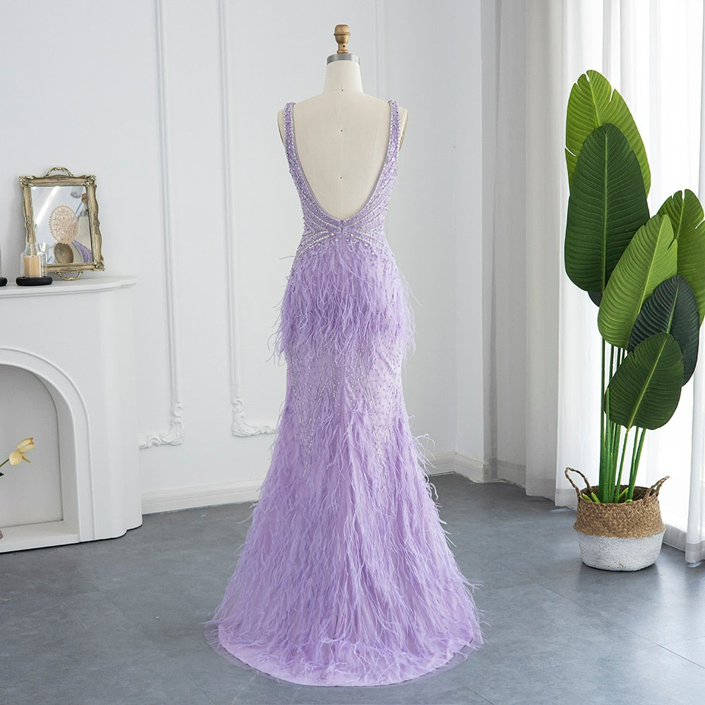 Luxury Feathers Mermaid Lilac Evening Dress Champgane Beaded Blue Prom Dresses for Women Wedding Party SS0277