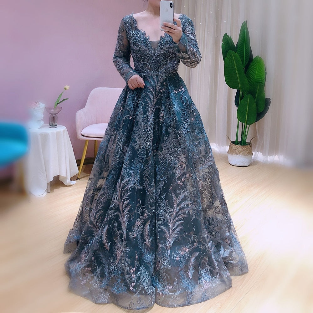 Long Sleeve Evening Dresses for Women Dubai V-Neck Luxury Crystal Wedd –  AiSO BRiDAL