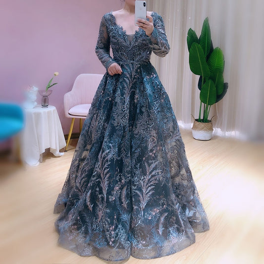 Long Sleeve Evening Dresses for Women Dubai V-Neck Luxury Crystal Wedding Guest Formal Party Gowns Stock SS050