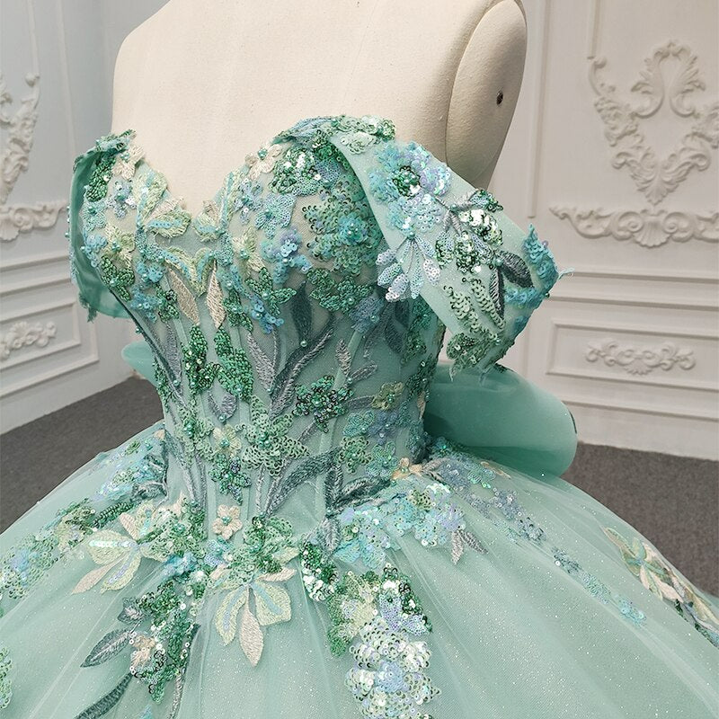 Green Quinceanera Ball Gown  dress with Flower appliques