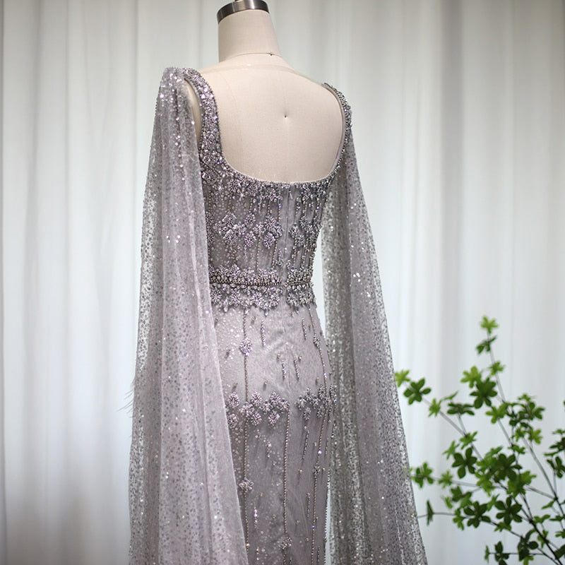 Bling Gray Mermaid Arabic Evening Dress with Cape Luxury Feather Dubai Formal Dresses for Women Wedding Party SS27996