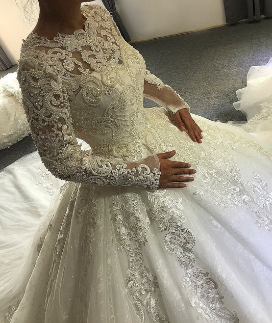 AM155 Long Sleeve Lace Applique Pearls Turkey Wedding Dress brautkleider hochzeitskleid