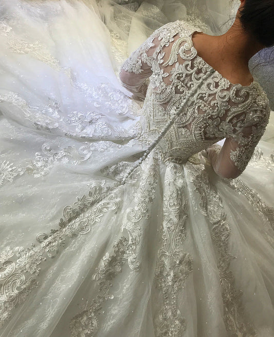 AM155 Long Sleeve Lace Applique Pearls Turkey Wedding Dress brautkleider hochzeitskleid