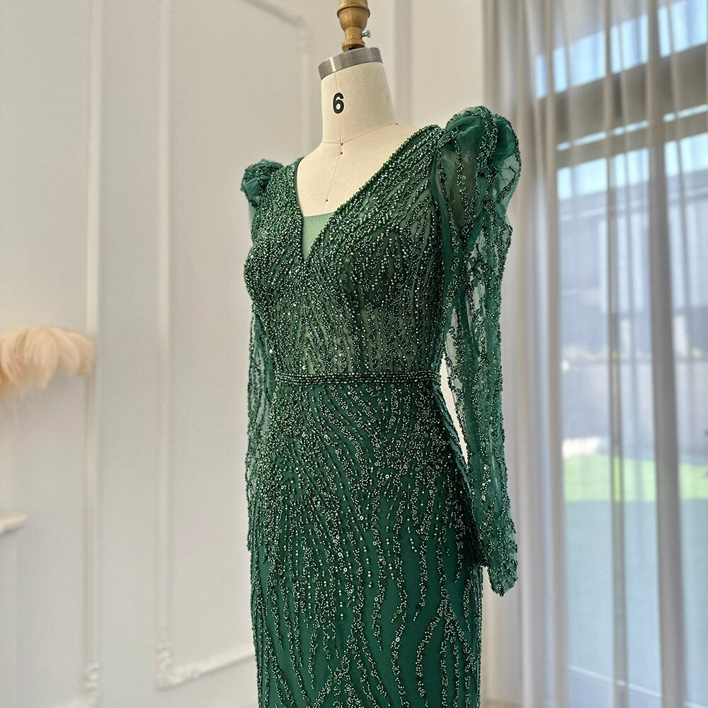 Navy Blue Mermaid Evening Dress for Women Wedding Elegant Emerald Green Long Sleeves Arabic Formal Party Gowns SS099