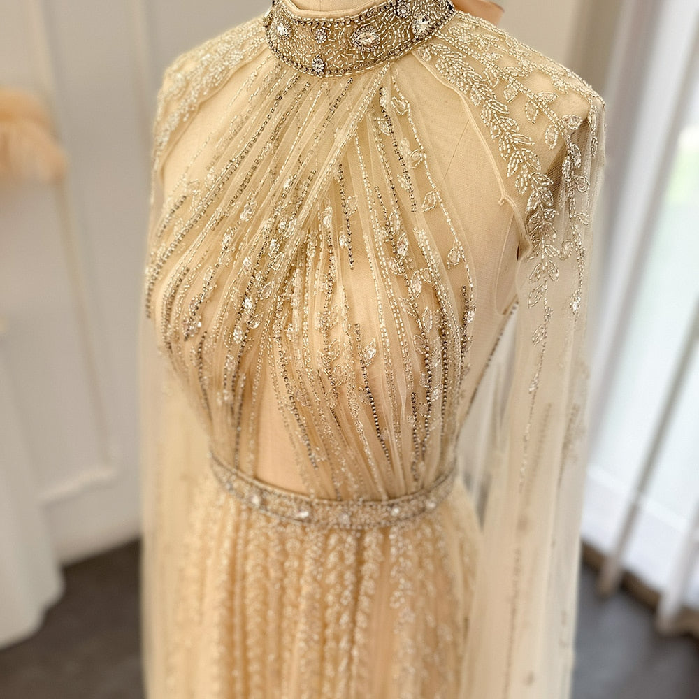 Luxury Dubai Evening Dress with Cape Sleeve Elegant Long Arabic Formal Dresses for Women Wedding Party SS495